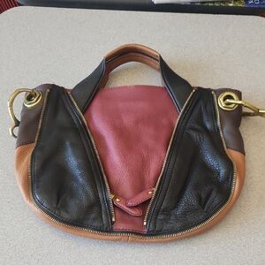 orYANY Three-Tone Leather Shoulder Bag in Black, Brown & Wine